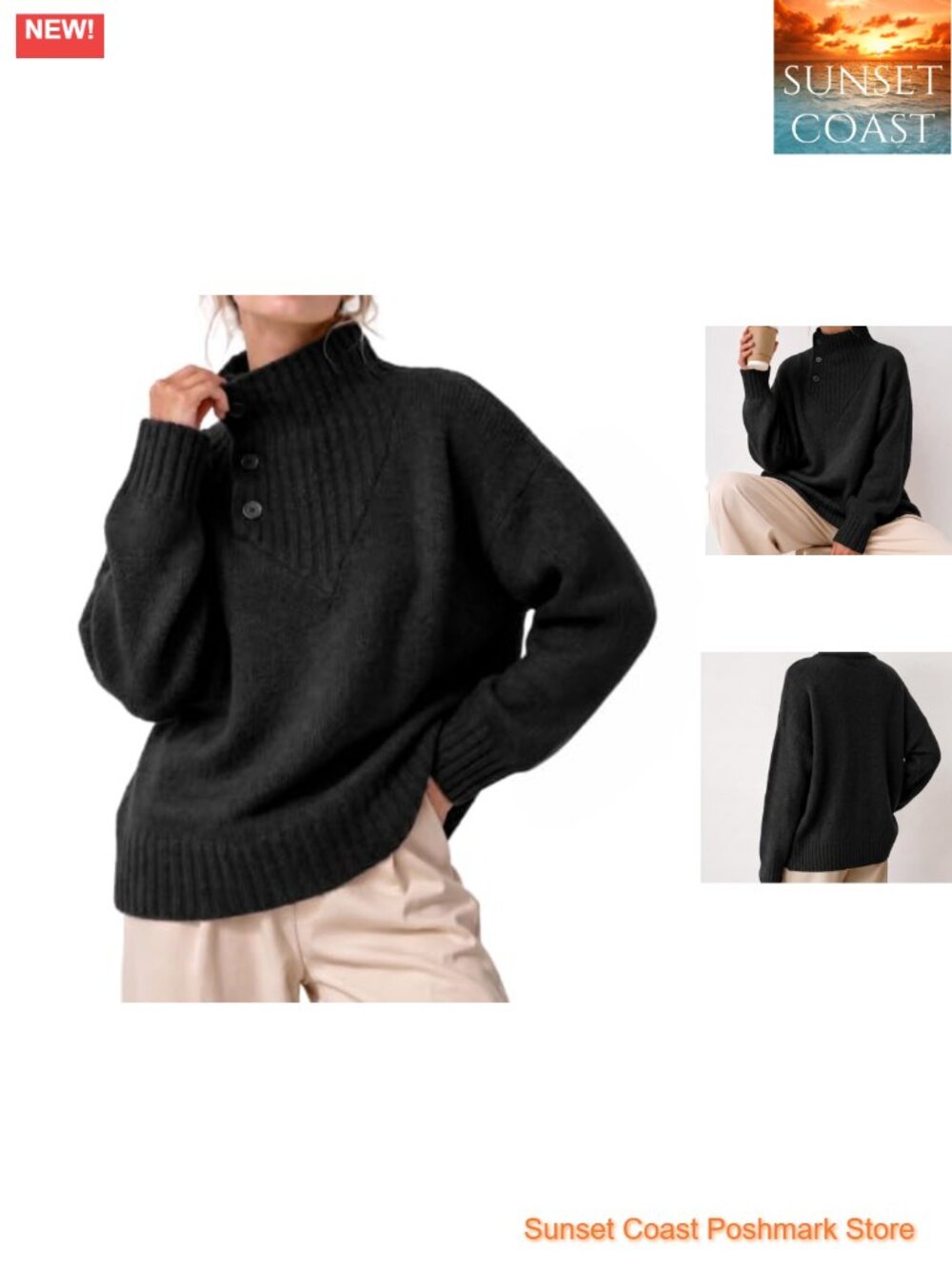 Womens Oversized Turtleneck Sweater Button Knit Pullover Fall Winter